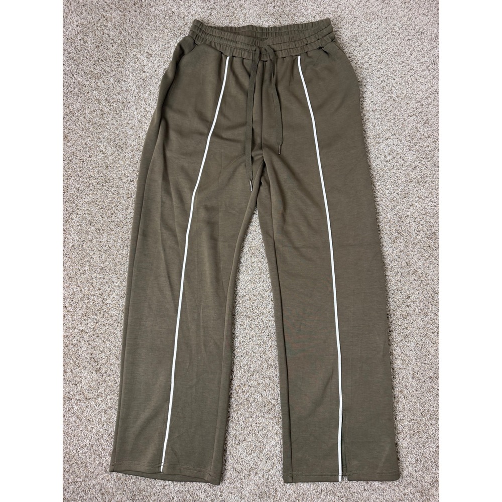 WIHOLL Womens 2 Piece Lounge Set Olive Green White Piping Wide Leg Pants Large - Picture 11 of 14